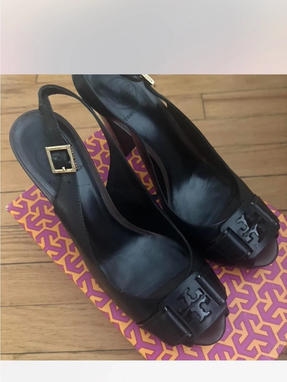 Tory Burch Black Leather Peep-Toe Logo Bow Slingback Heels